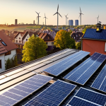 **

"A bustling futuristic German city at dawn, powered by clean energy. Solar panels glint on rooftops, wind turbines spin gracefully in the distance. A craftsman meticulously places the final tile on a solar panel roof, showcasing German engineering. The scene is bathed in the warm light of the rising sun, symbolizing a sustainable and efficient future. Art style: photorealistic, with a focus on detail and vibrant colors. "

**