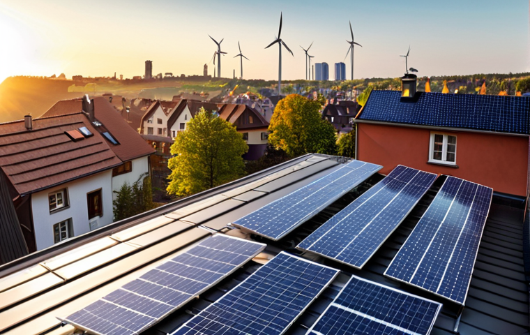 **
"A bustling futuristic German city at dawn, powered by clean energy. Solar panels glint on rooftops, wind turbines spin gracefully in the distance. A craftsman meticulously places the final tile on a solar panel roof, showcasing German engineering. The scene is bathed in the warm light of the rising sun, symbolizing a sustainable and efficient future. Art style: photorealistic, with a focus on detail and vibrant colors. "
**