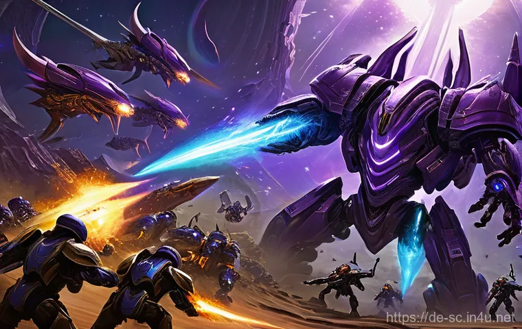 저그 울트라리스크 활용법 - **Prompt:** In a sweeping, open battlefield bathed in the twilight glow of an alien sky, a fully upg...