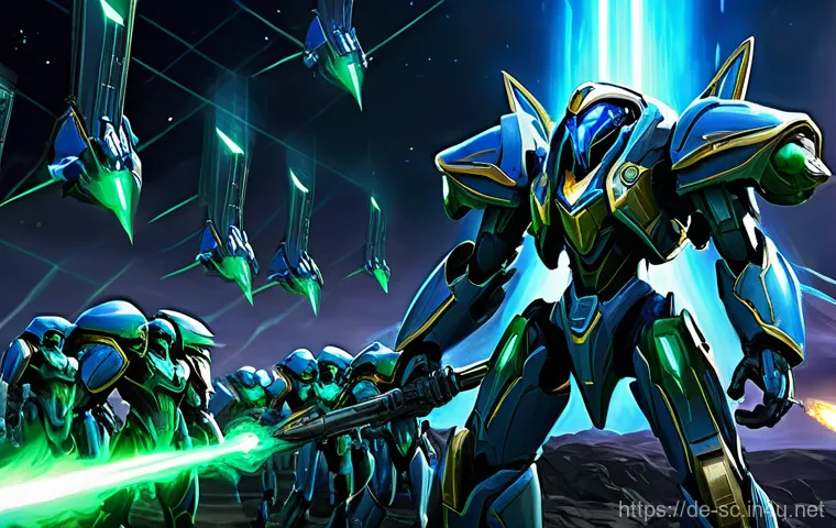 프로토스 아둔의 투사 전략 - **Prompt for Chrono Boost: "Accelerated Genesis"** A vibrant and bustling Protoss Nexus operatin...
