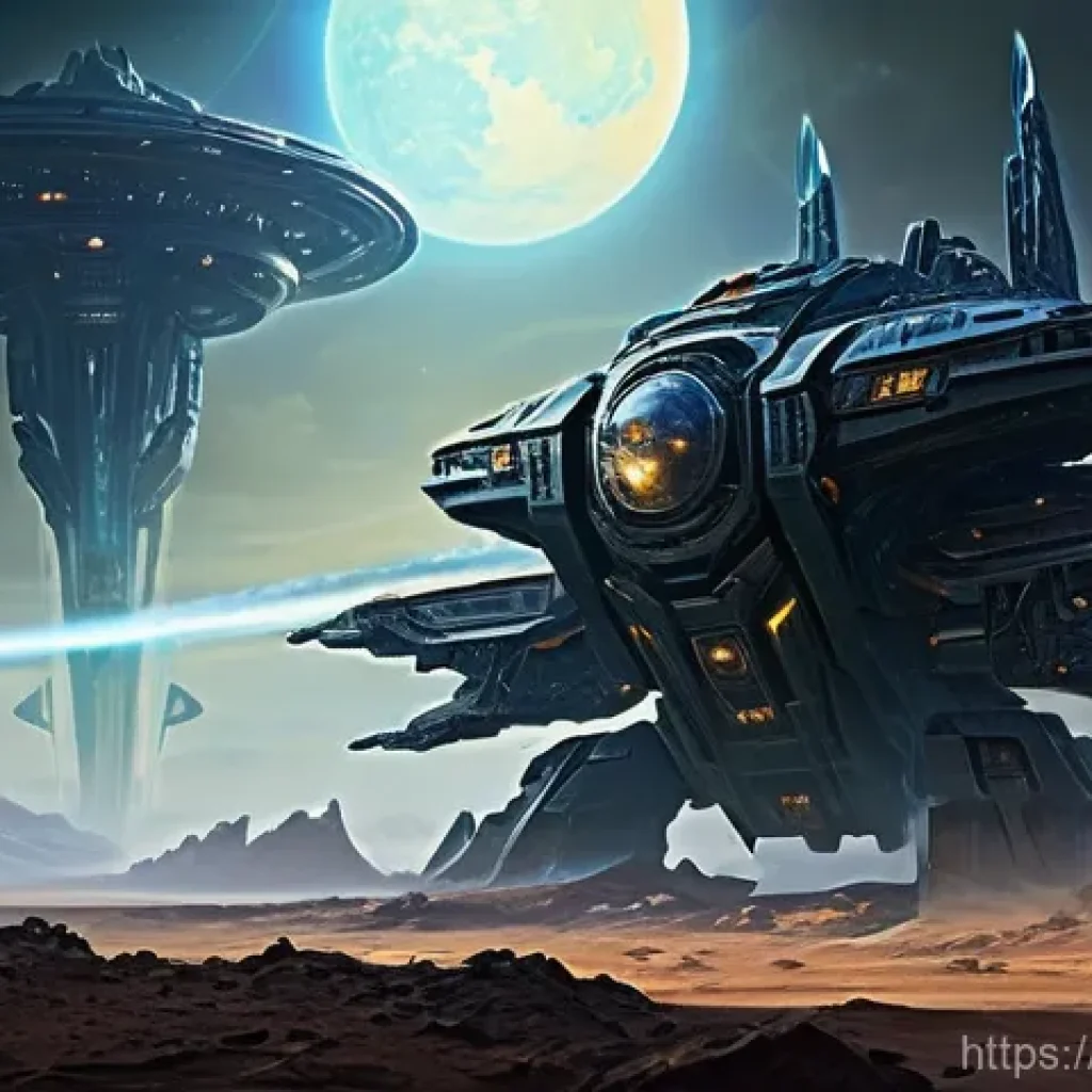 테란 배틀크루저 최적 활용법 - **Prompt 1: Early Battlecruiser Intimidation** A lone Terran Battlecruiser, majestic and imposin...