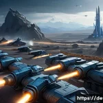 프로토스 캐논 디펜스 - A futuristic military base defense scene at dusk, featuring multiple stationary canons strategically...