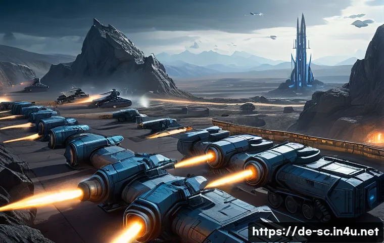 프로토스 캐논 디펜스 - A futuristic military base defense scene at dusk, featuring multiple stationary canons strategically...