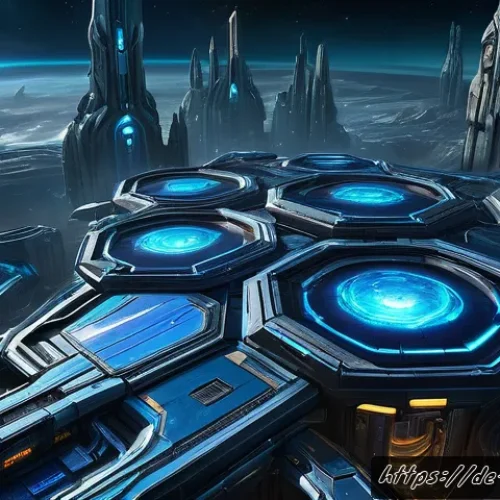 프로토스 건설 타이밍 - A highly detailed digital illustration of a futuristic Protoss base from StarCraft II during early g...