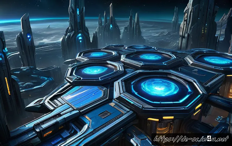프로토스 건설 타이밍 - A highly detailed digital illustration of a futuristic Protoss base from StarCraft II during early g...