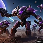 저그 러쉬 타이밍 분석 - A dynamic scene of a Zerg Rush attack from StarCraft, featuring a swarm of fast, small Zerglings rus...