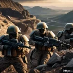 테란 마린 마이크로 컨트롤 - A detailed scene of futuristic marine units in combat formation on a rugged battlefield with hills a...