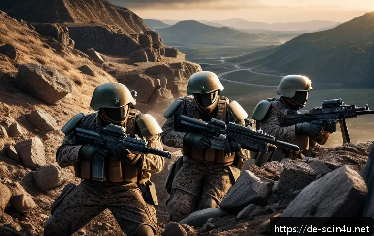 테란 마린 마이크로 컨트롤 - A detailed scene of futuristic marine units in combat formation on a rugged battlefield with hills a...