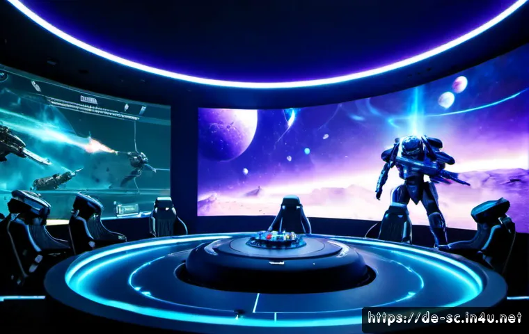 프로토스 아칸 조합법 - Photorealistic futuristic strategy command table in a German esports lounge, two luminous alien ener...