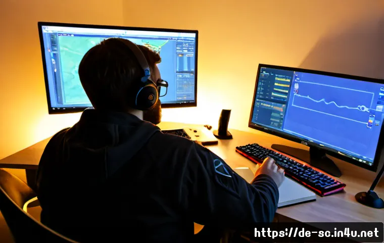 Home 17 스타크래프트 래더 운영 팁 - Photorealistic home gaming desk in a modern German apartment, focused adult player seen from behind ...
