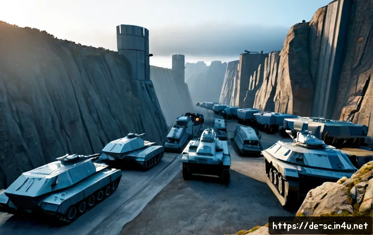 테란 방어 포지션 가이드 - Photorealistic futuristic human colony defense line on a rocky European-style industrial planet, arm...