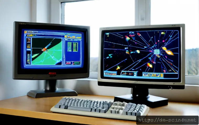 스타크래프트 패치 히스토리 - Photorealistic German home office scene showing the evolution of a classic real-time strategy comput...